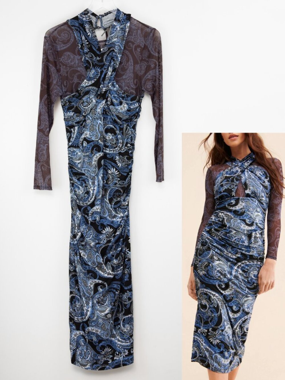 Anthropologie Paisley Dress Midi Mesh Halter Mock Neck Blue Size Large New